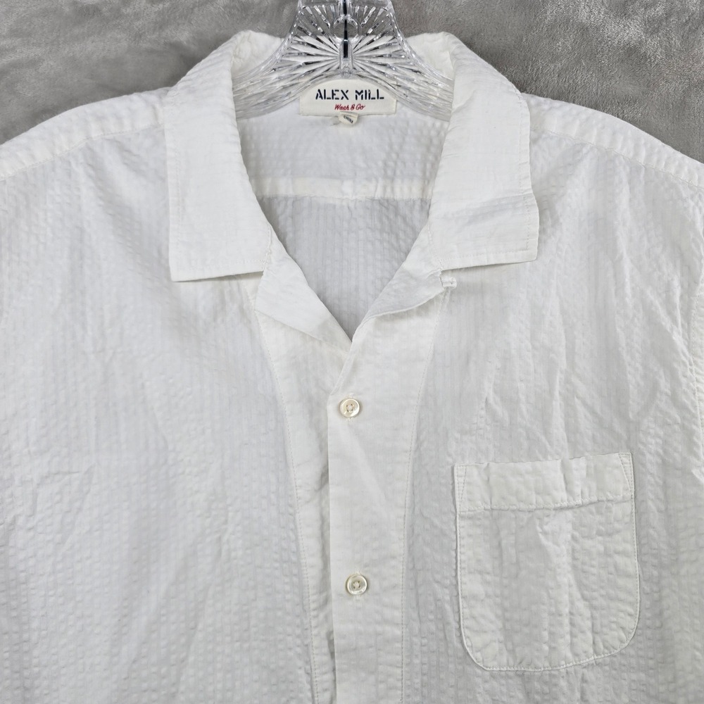 Alex Mill Button Down Shirt Mens Large White Seersucker Short Sleeve Camp Collar